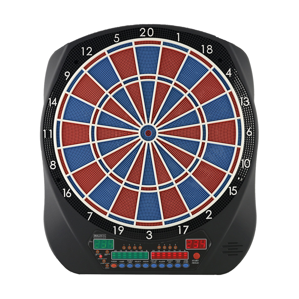 Das Bild zeigt ein elektronisches Dartboard mit farbigen Feldern in Rot und Blau. Unten am Gerät sind digitale Anzeigen und mehrere Tasten zu sehen.